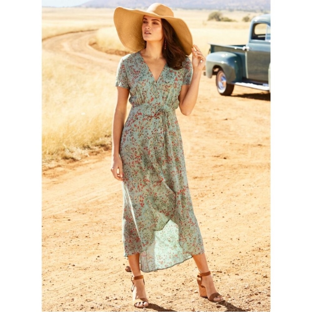 Pervuvian Connection v-neck green floral Palo Verde wrap dress size 10